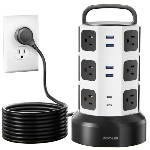 JACKYLED Power Strip Tower Surge Protector, 12 AC 6 USB (2 USB C), 1050J | Retractable Extension Cord with Multiple Outlets, 1625W/13A Outlet Extender, USB Charging Station for Home Office Dorm - color: White Black, size: Medium-15ft