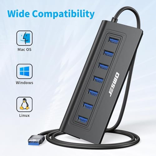 USB Hub 3.0, JESWO Aluminum 7 Port USB 3.0 Hub with 3.3Ft Cable, USB Splitter with 7-USB3.0 Data Ports Compatible with MacBook, Laptop,Surface Pro, PS5, PC and More (No Power Adapter Included) - color: Black