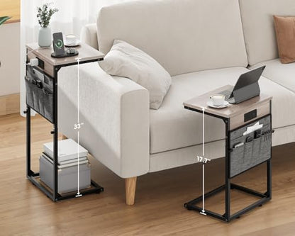 Vagusicc C-Shaped End Table with Charging Station, Small Side Table for Couch, 33" Tall C Table Adjustable Height Side Table, Couch Tables that Slide Under, Sofa Table TV Tray for Living Room,Gray - color: 1pc Greige