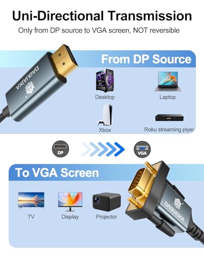 DisplayPort to VGA Cable 6ft, 1080@60Hz DP to VGA Adapter Cord for Laptop/Desktop to Monitor/Projector Male to Male (Not Bidirectional, Not Compatible with HDMI or USB) - style: DP to VGA