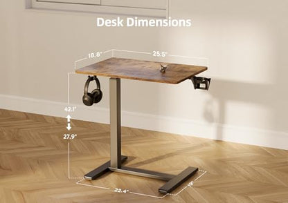 Claiks Mobile Standing Desk with Cup Holder Overbed Table 25.5" Brown | Cup Holder, Rolling Adjustable Desk, Hidden Wheels, Gas Spring Lift, Side Hook, Easy Assembly, Hospital Use - color: Rustic Brown