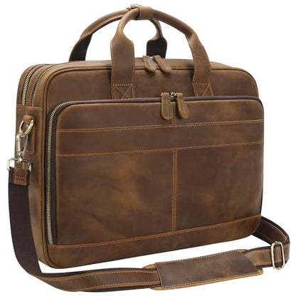 Jack&Chris Full Grain Leather Briefcase for Men, Business Messenger Bag Laptop Bag Attache Case, Fits 15.6 Inch Laptop - color: Brown New-15.6inch