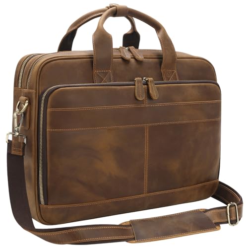 Jack&Chris Full Grain Leather Briefcase for Men, Business Messenger Bag Laptop Bag Attache Case, Fits 15.6 Inch Laptop - color: Brown New-15.6inch