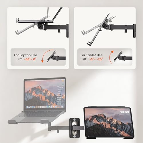 PUTORSEN 2-in-1 Laptop Wall Mount for 10-17" Notebooks & 32" Screens | Full Motion Adjustable Laptop Arm with Detachable Tray, Holds 4.4-19.8 lbs, Swivel & Tilt, Easy to Install, Black