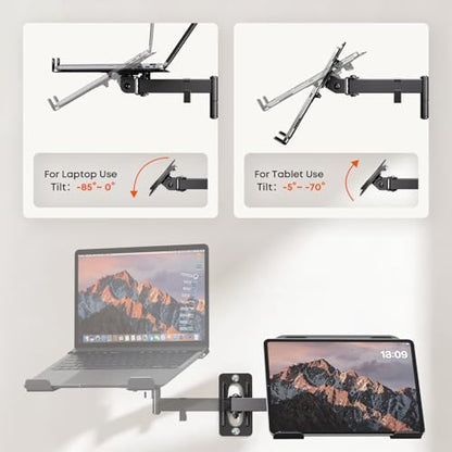 PUTORSEN 2-in-1 Laptop Wall Mount for 10-17" Notebooks & 32" Screens | Full Motion Adjustable Laptop Arm with Detachable Tray, Holds 4.4-19.8 lbs, Swivel & Tilt, Easy to Install, Black