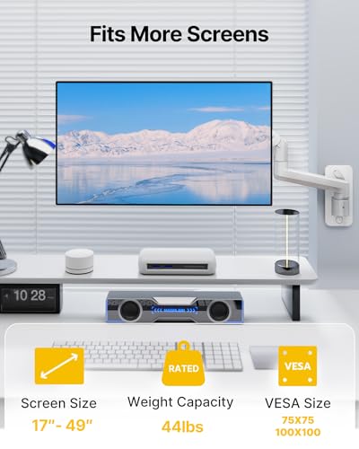 monTEK Ultra Wide Wall Mount Monitor Arm for 17-49 Inch Screens, Heavy Duty Single Monitor Mount up to 44 lbs, Fully Adjustable Gas Spring Wall Mount, 75x75/100x100 VESA Mount, White - color: White