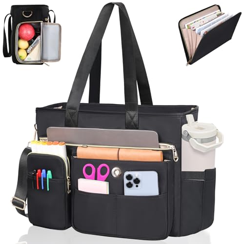 ESTARER Women Teacher Tote Bag 2Pcs, 15.6'' Laptop Work Bag Computer bag with Expandable File Folder, Large Water-Resistant Messenger Shoulder bag w/Insulated Pocket for Office/Travel/College, Black - color: Black, size: 15.6