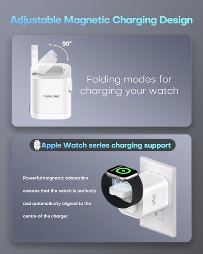 TOPADRE for Apple Watch Charger 65W, 70cm USB-C Retractable Cable | Wall Charger with Foldable Plug, PD PPS Fast Charging Block for iPhone17/16/15/14, iPad, MacBook, Galaxy and Android Devices