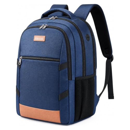 Amovee Travel Laptop Backpack 17.3 Inch, Water Resistant Anti-Theft Computer Bag with Hidden Pocket & Luggage Strap, Airline Approved Carry-On Bookbag for Men Women, Perfect for Flying & Vacation - color: Navy Blue