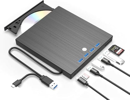 9 in 1 External CD DVD Drive, USB 3.0 and Type-C Disc Reader Writer Burner Player,Slim and Portable CD DVD +/-RW Optical Drive for PC Laptop Desktop MacBook Mac Windows Linux OS Apple - style: 9 in 1