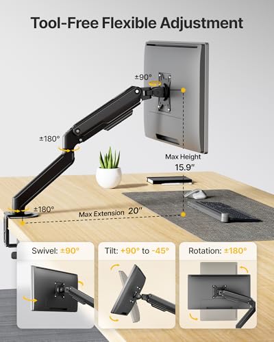 monTEK Single Monitor Arm Mount for 17-32 Inch Screens, Heavy Duty Steel Mechanical Spring Desk Monitor Stand, Full Motion Adjustable Monitor Arm with Clamp & Grommet, VESA 75/100, Holds up to 20lbs - size: Single Arm