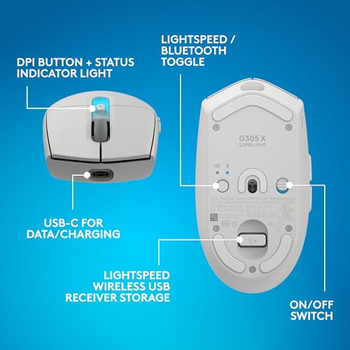 Logitech G305 X SUPERLIGHT Wireless Gaming Mouse, Lightweight 59g, HERO 44K Sensor, RGB lighting, LIGHTSPEED and Bluetooth, 130+ Hr Battery Life, 6 Programmable Buttons, Compatible with PC/Mac - White - color: White, style: Superlight