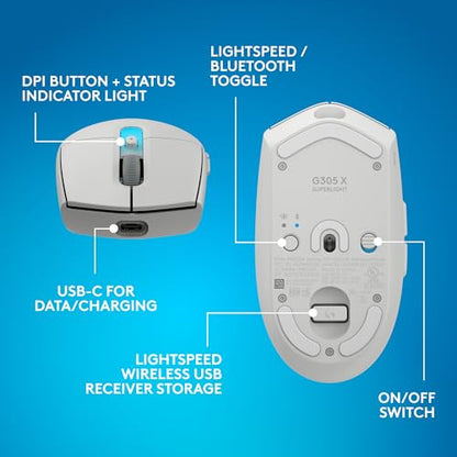 Logitech G305 X SUPERLIGHT Wireless Gaming Mouse, Lightweight 59g, HERO 44K Sensor, RGB lighting, LIGHTSPEED and Bluetooth, 130+ Hr Battery Life, 6 Programmable Buttons, Compatible with PC/Mac - White - color: White, style: Superlight
