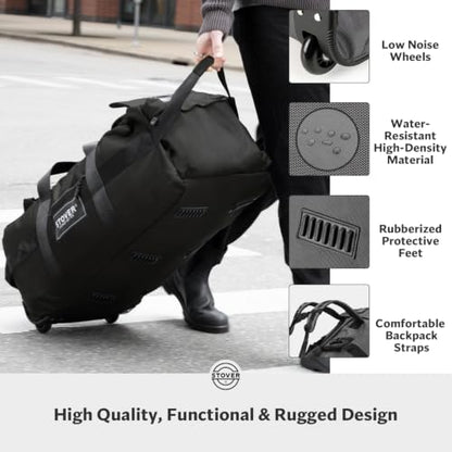 45/80/100L Rolling Duffel Bag with Wheels, X-Large Durable Travel Duffle + Toiletry Bag, Heavy Duty, Packable with Shoulder Straps- Use as Luggage or Backpack, Men/Women (Black) - color: Black
