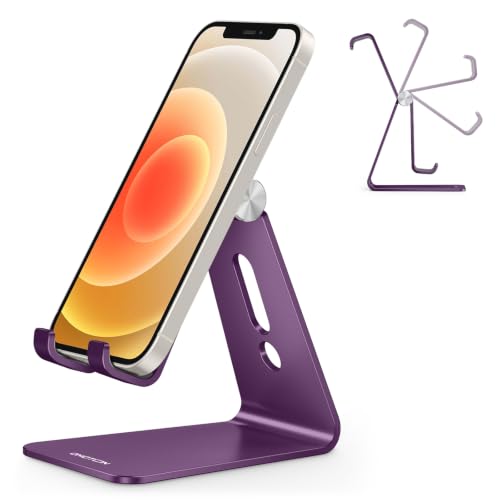 OMOTON C2 Adjustable Cell Phone Stand with Charging Cutout, Deep Purple | Sturdy 3mm Aluminum, Charging Port, 270° Adjustable, Non-Slip Silicone Pads, Works with Thick Cases, for All Smartphones - color: Deep Purple