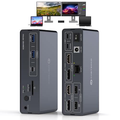 USB C KVM Switch Docking Station for 2 Montors 2 Laptops or MacBook with Displaylink,14-in-1 Thunderbolt Docking Station Support Extended/Copy Mode with 4K@60Hz HDMI and Displayport Dual Display Out - color: Light Grey