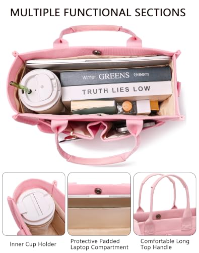 Canvas Tote Bag for Women,Women's Bags Crossbody Bags Work Laptop Tote Bag Large Handbags Purse for Travel Nurse Teacher - color: Pink With Compartments