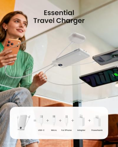 Portable Charger with Wall Plug, Slim USB C Power Bank with Built-in Cables, 10000mah LED Display External Battery Pack Compatible with iPhone/Android & More(White) - color: White