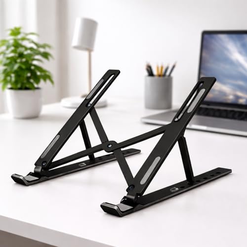 Portable Foldable Laptop Stand for Travel, ABS + Silicone Adjustable Height Laptop Stand Riser for Desk, Ergonomic Pedestal Stand for Computers and Accessories, Fits 10-15.6 Inch Laptops (Black) - color: Black