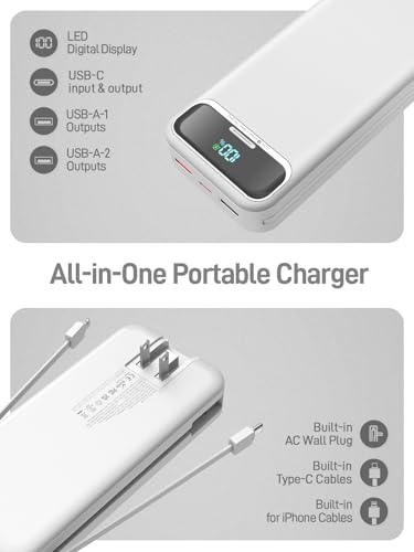 Nusyddy Portable Charger 20000mAh Fast Charging w/Built-in Wall Plug White | 22.5W Fast Charging, High Capacity, LED Display, Charge 5 Devices at once, TSA Approved, Compatible with iPhone/Samsung - color: Pearl