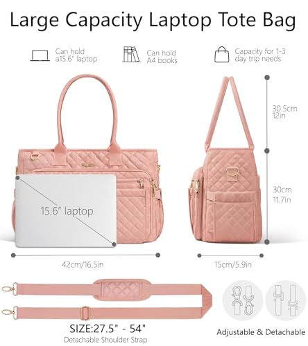 Bagstellar Teacher Tote Bag for Women, 15.6" Laptop Work Tote Computer Bag | Quilted Bible Nurse Bag with 40oz Cup Holder, Insulated Pocket & Strap, Large Laptop Briefcase for School Travel Office Gifts - color: Pink