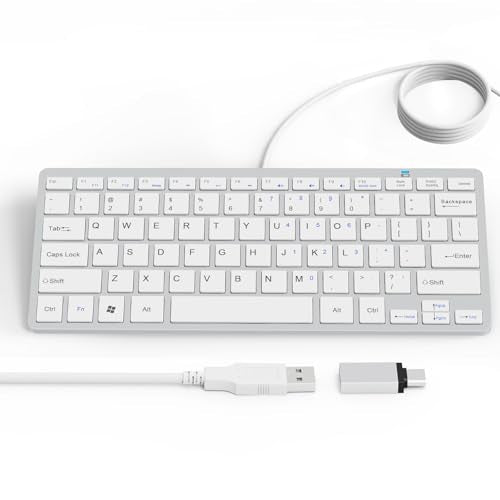 Ultra-Slim 78keys USB Mini Wired Keyboard with Media Hotkeys for Apple Mac Pro, MacBook 56Pro/ iMac, Air, Mac mini, Laptop Computers, Windows Desktop PC 11/10/8/7, with USB-A to C OTG Adapter, White - color: Silver White, size: USB-A