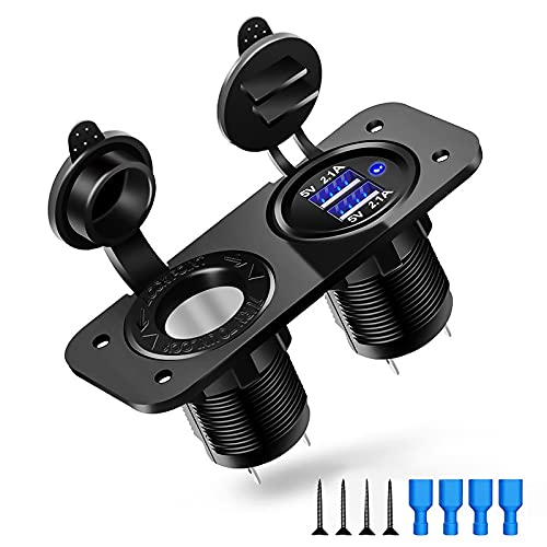ELECTOP Cigarette Lighter Socket Outlet Splitter, 12V USB Outlet USB Charger 12 Volt Socket Power Outlet with LED, Waterproof Power Socket Panel Adapter DIY Kit Dual USB Ports for Car Boat Marine RV