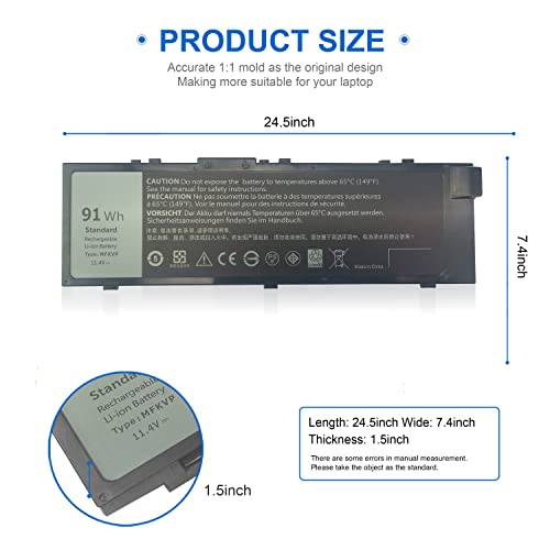 91Wh MFKVP T05W1 Battery for Dell Precision 15 7510 7520 M7510 17 7710 7720 M7710 Series, TO5W1 0TWCPG 451-BBSF 451-BBSB TWCPG GR5D3 0FNY7 1G9VM M28DH, 72Wh T05W1 11.1V / 91Wh MFKVP 11.4V - size: MFKVP