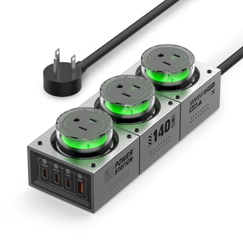 MFish 140W GaN Desktop Charging Station - RGB Gaming Power Hub, 7-in-1 Multi-Device PD 3.1 Fast Charger (3 AC Outlets + 3 USB-C + 1 USB-A Ports) for MacBook Pro, Gaming Setup & Creator Workstation - color: 140W Power Strip - Gray