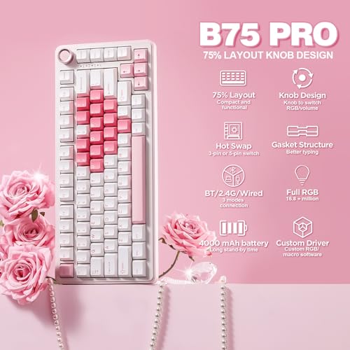 YUNZII B75 PRO Wireless Mechanical Gaming Keyboard | Custom 75% Layout with Knob,Gasket Mount,Hot Swap,Creamy Pre-lubed Switch,BT/USB-C/2.4G (White, Milk Switch) - color: White, size: Milk Switch