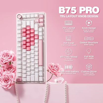 YUNZII B75 PRO Wireless Mechanical Gaming Keyboard | Custom 75% Layout with Knob,Gasket Mount,Hot Swap,Creamy Pre-lubed Switch,BT/USB-C/2.4G (White, Milk Switch) - color: White, size: Milk Switch
