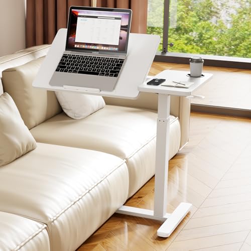 Overbed Table with Wheels, Pneumatic Lift, Foldable Top (White) | 0-70° Tilt Desktop Bedside Table, Hidden Casters,1.18 In Low-Profile Base Slides Under Beds and Sofas, Holds 88 Lbs - color: White