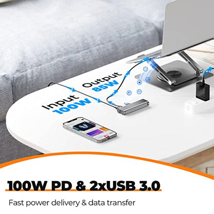 Tobenone Laptop Docking Station Stand for MacBook Pro/Air/Dell/HP/Surface/Lenovo, Mac Docking Station with 4K HDMI, USB 3.0, RJ45, PD 3.0, USB C Laptop Stand Hub for Desk with 360 Rotating Base Grey