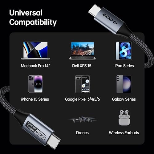 BENFEI USB C to USB C Monitor Cable(4K@120Hz), 100W PD Fast Charge, 10Gbps Data Transfer, 3ft Tangle-Free Silicone USB-C Cable [Aluminum Shell, Woven Design]