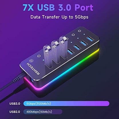 RSHTECH RGB USB Hub, USB C/USB 3.0 to 7-Port Powered USB Hub, RSH-518R | Gaming USB Hub Splitter with 14-Mode RGB LED Strip, 3.3ft USB-C/A Cable, 5V/4A Power Adapter and Individual Touch Switches