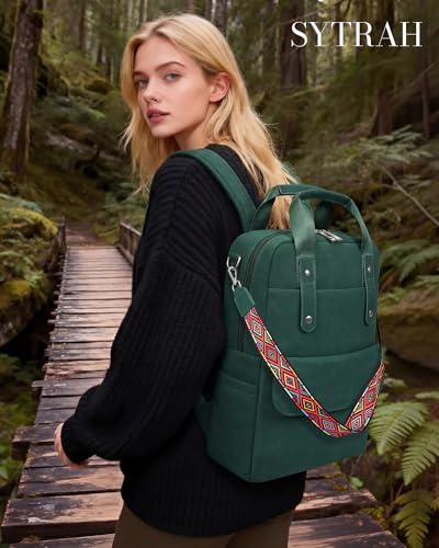 Leather Laptop Backpack 15.6 inch Womens Computer Bag Green | 3-in-1 laptop purse: Dedicated 15.6" Compartment, 7-Pocket Organizer, Colorful Shoulder Strap, Work & Travel Ready - color: Green