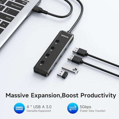 MOKiN USB 3.0 Hub, 5-Port Ultra Slim Powered Data USB Extender with 4*USB A 3.0, USB-C 5V Power Port, 5Gbps, Individual Switches & LED, for Laptop, MacBook, Chromebook, Dell, Acer, XPS
