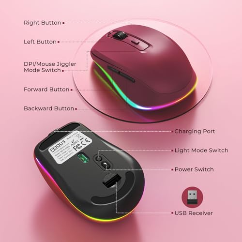 PEIOUS Wireless Mouse Jiggler - Keep Computers Awake, Wine Red | Rechargeable LED Mouse, Silent Clicks, Adjustable DPI and Random Movement Keep Computers Awake for Laptop/PC/Mac - color: Red