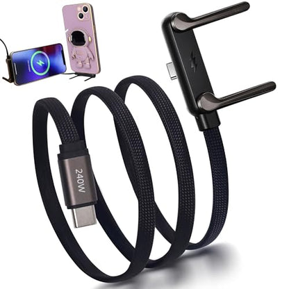 240W Sideways Phone Charger with Invisible Holder, Right Angle USB C to USB C Cable, Flat Chubby Cable with Stand, Fast Flat Phone Charger for iPhone 15, Galaxy S24, Laptop, Switch
