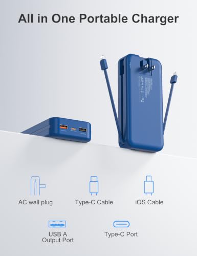20000mAh Ultra Portable Charger Power Bank with inBuilt Cables&AC Wall Plug | PD20W USB-C Fast Charging Cell Phone Charger Battery Pack,LED Display Travel Battery Bank for All iPhone,Samsung,Android - color: Navy-20Ah