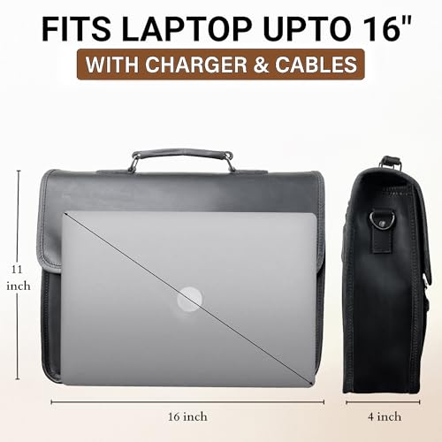 Leather Messenger Bag for Men - 16 Inch Laptop Briefcase, Office Satchel | Fits 16" Laptop & Documents, Top-handle, Removable Shoulder Strap, Brass Fittings, Luggage Sleeve, Organized Pockets - color: Black