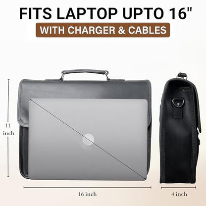Leather Messenger Bag for Men - 16 Inch Laptop Briefcase, Office Satchel | Fits 16" Laptop & Documents, Top-handle, Removable Shoulder Strap, Brass Fittings, Luggage Sleeve, Organized Pockets - color: Black
