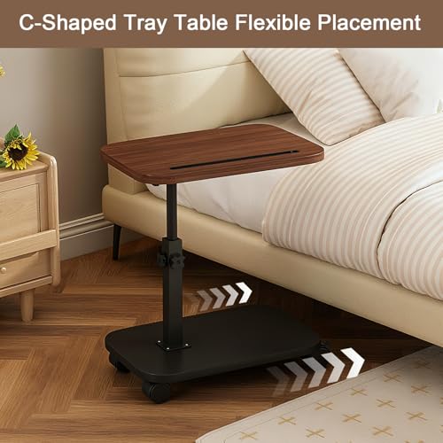 Adjustable Height TV Tray Table with Wheels, C Shaped End Side Table & Phone Tablet Slot, Swivel Snack Stand for Couch, Sofa, Bed,Living Room, Laptop Use in Small Spaces (Walnut) - color: Walnut