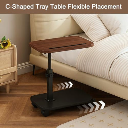 Adjustable Height TV Tray Table with Wheels, C Shaped End Side Table & Phone Tablet Slot, Swivel Snack Stand for Couch, Sofa, Bed,Living Room, Laptop Use in Small Spaces (Walnut) - color: Walnut