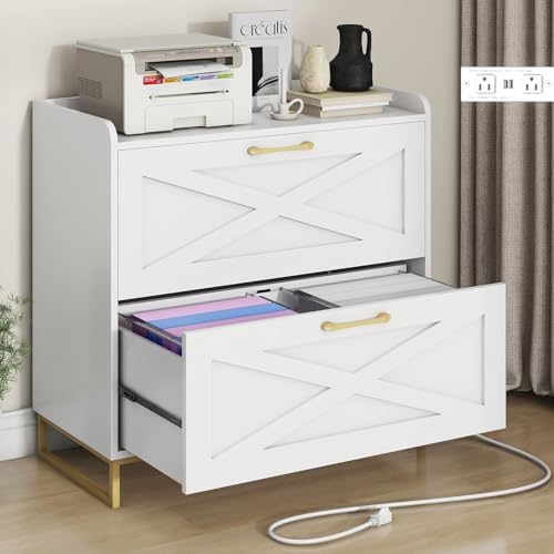 Halitaa 2 Drawer Lateral File Cabinet with Charging Station, White and Gold | Filing Cabinet for Letter/Legal/A4 Size Hanging Files, Large Wood File Storage Cabinet Printer Stand - color: Modern White