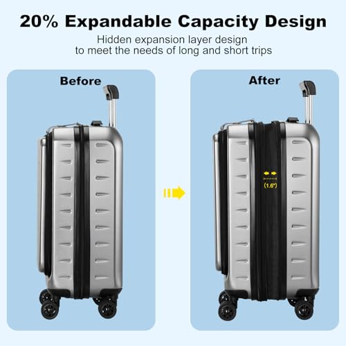 CENSIEN Expandable Carry On Luggage Airline Approved, 20 Inch Lightweight ABS+PC Hard Shell Suitcases with Front Pocket, Spinner Wheels, TSA Lock (Dark Gray, 1PC) - color: Gray, size: Carry On - 20 Inch - EXT - Front Open