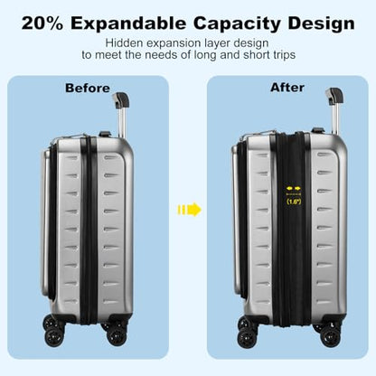 CENSIEN Expandable Carry On Luggage Airline Approved, 20 Inch Lightweight ABS+PC Hard Shell Suitcases with Front Pocket, Spinner Wheels, TSA Lock (Dark Gray, 1PC) - color: Gray, size: Carry On - 20 Inch - EXT - Front Open