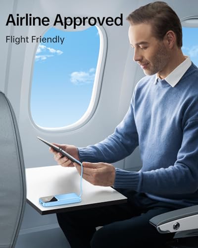 RONEGN Portable Charger with Built in Cable -20000mAh Fast Charging Power Bank USB C Slim 22.5W LED Display Battery Pack 5 Outputs & 3 Inputs for Travel Essentials iPhone Samsung Phones Sky Blue - color: Sky Blue