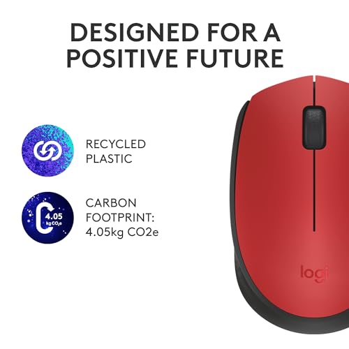 Logitech M170 Compact Ambidextrous 2.4 GHz Wireless Mouse - Red | Ambidextrous mouse with 2.4 GHz USB-A Nano Receiver, Optical Tracking, 12-Months Battery Life, PC, Mac, Laptop compatible - color: Red
