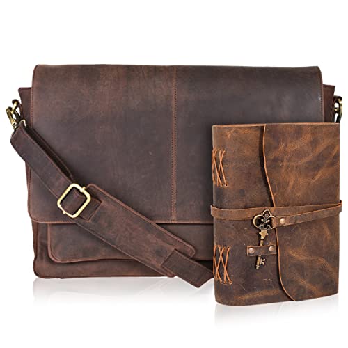 Oak Leathers Leather Messenger Bag for Men and Women - Laptop Briefcase Bag For College, Office, Adjustable Shoulder Strap - color: Walnut With Diary